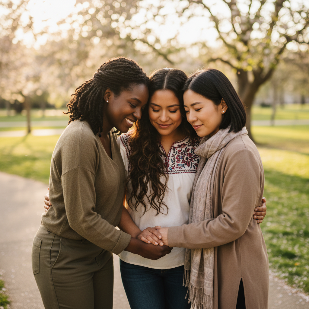 three women—one Black, one Mexican, and one Asian—embracing and supporting each other