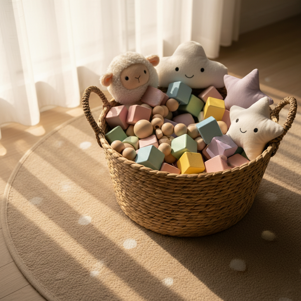 A circular woven basket overflowing with glossy pastel blocks, wooden beads, and plush toys, arranged atop a sand-colored rug with subtle polka dot patterns. Bathed in soft golden afternoon sunlight filtering through sheer curtains, the scene glows with gentle highlights and rounded shadows, imbuing a sense of warmth and playful energy. Photographed from a slightly elevated, off-center angle with shallow depth of field, the composition feels lively and inviting. The visual style is photographic with whimsical, rounded forms and vibrant, uplifting colors to embody playful support and comfort.